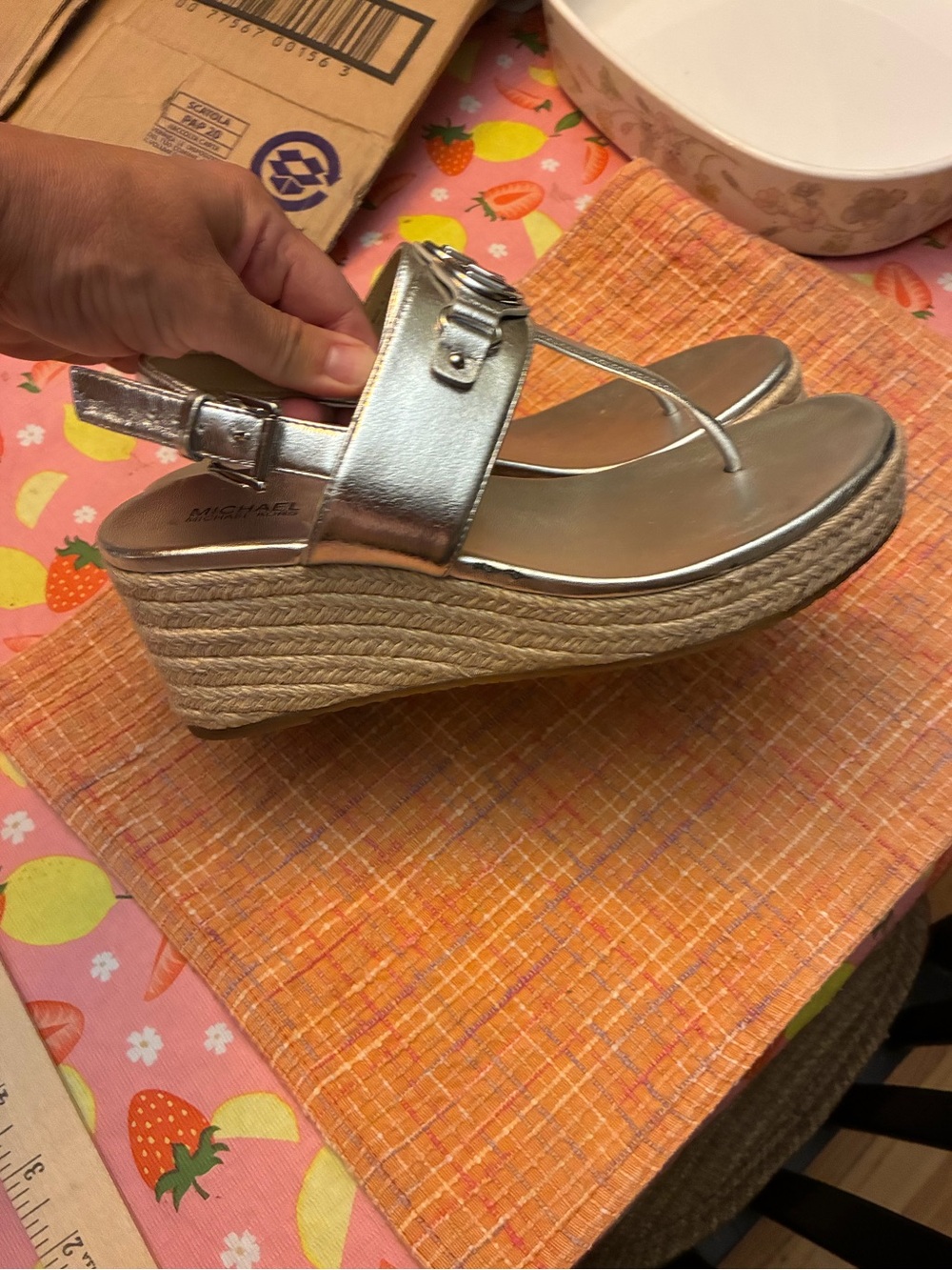 Michael Kors Silver Metallic Espadrille Wedge Sandals